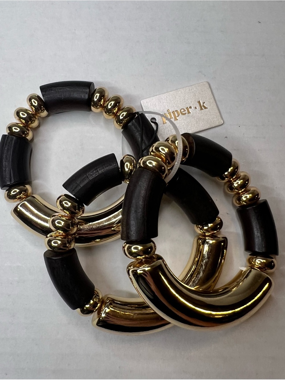 Piper K Stretch Bracelet 3 Boho Chunky Tube Stack Brown Gold